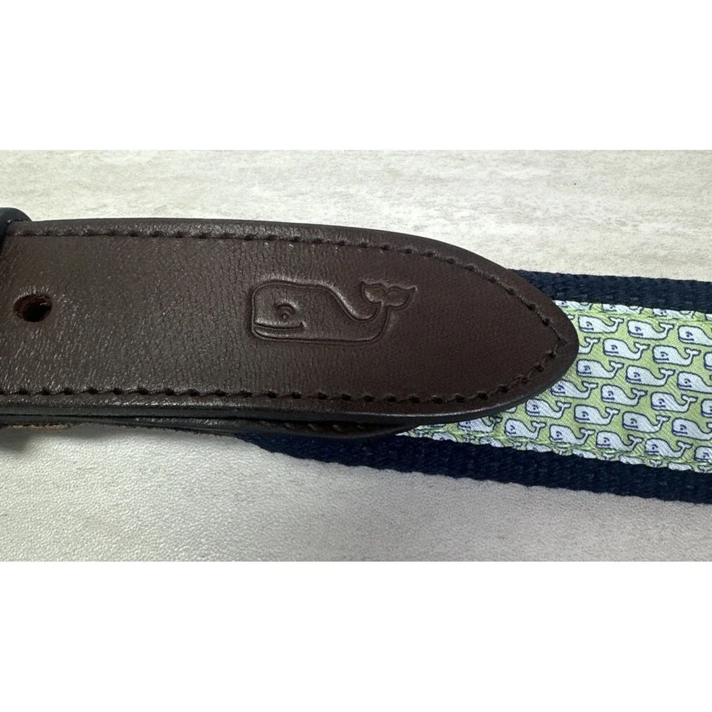 Vineyard Vines Whale Print Canvas & Leather Club Belt Navy Mens Sz 44 USA